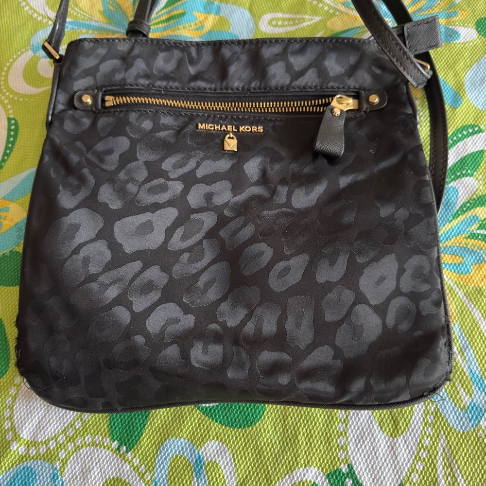 Michael Kors Black Satin Leopard Crossbody Bag with Gold Hardware